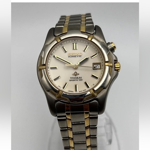 Vintage Women’s Seiko Kinetic Sports 100 Titanium Two Tone Analog Date Watch - Picture 1 of 10